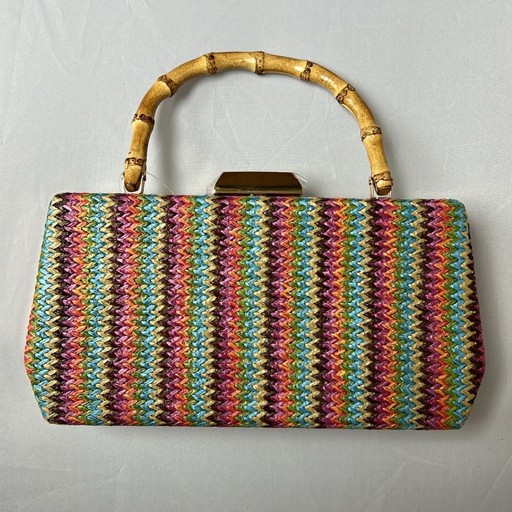 New Multicolor Woven Handbag with Bamboo Handle and crossbody strap, Stunning